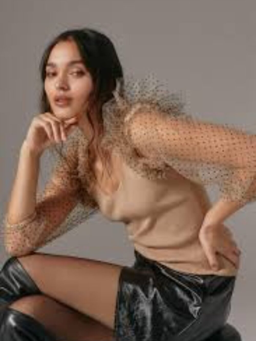 Anthropologie Dolan NWOT Sheer-Sleeve Ribbed Sweater Top Size S Beige